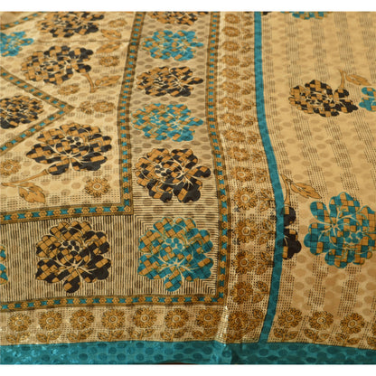 Sanskriti Vintage Indian Printed China Silk Sarees Cream Dress Sari 5 YD Fabric