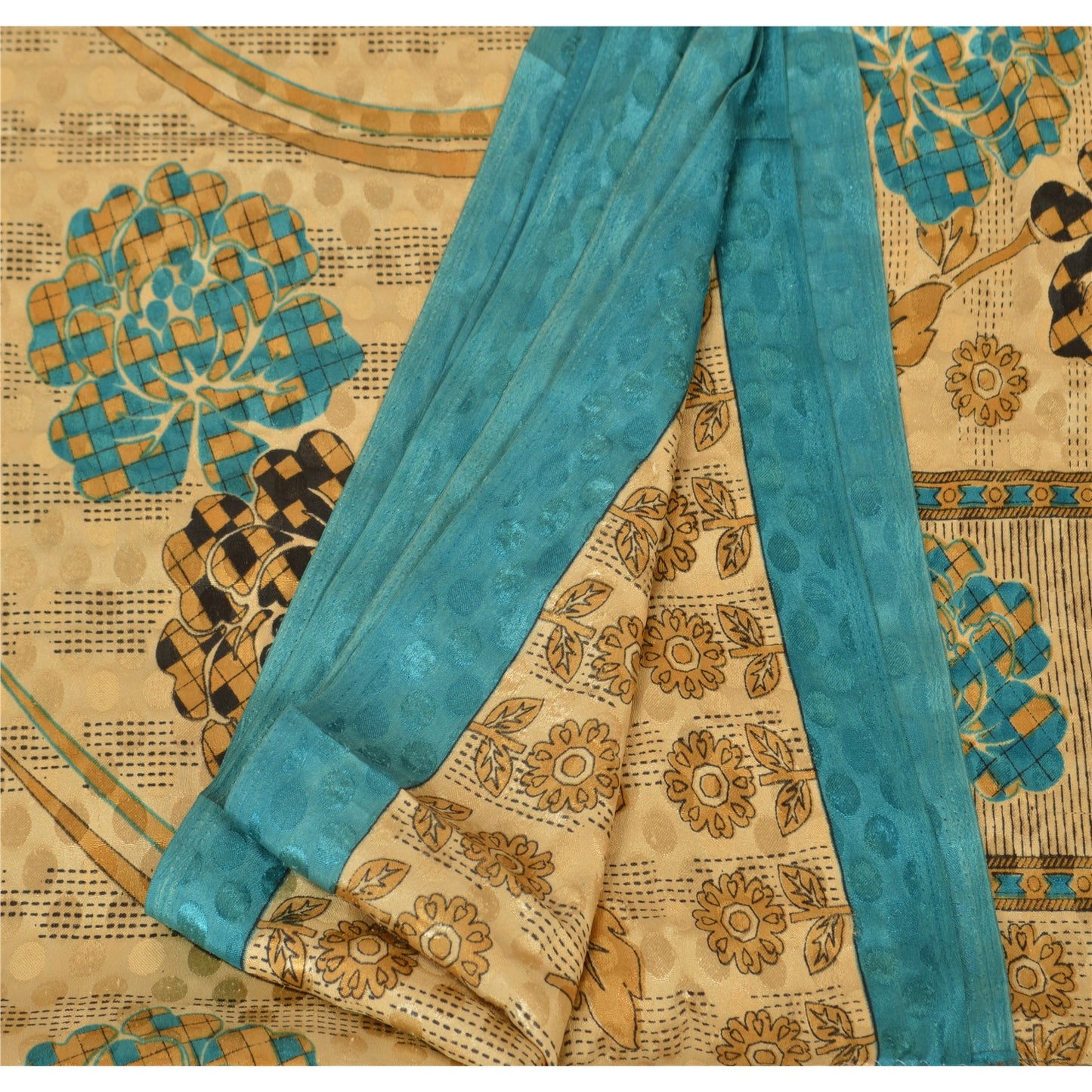 Sanskriti Vintage Indian Printed China Silk Sarees Cream Dress Sari 5 YD Fabric