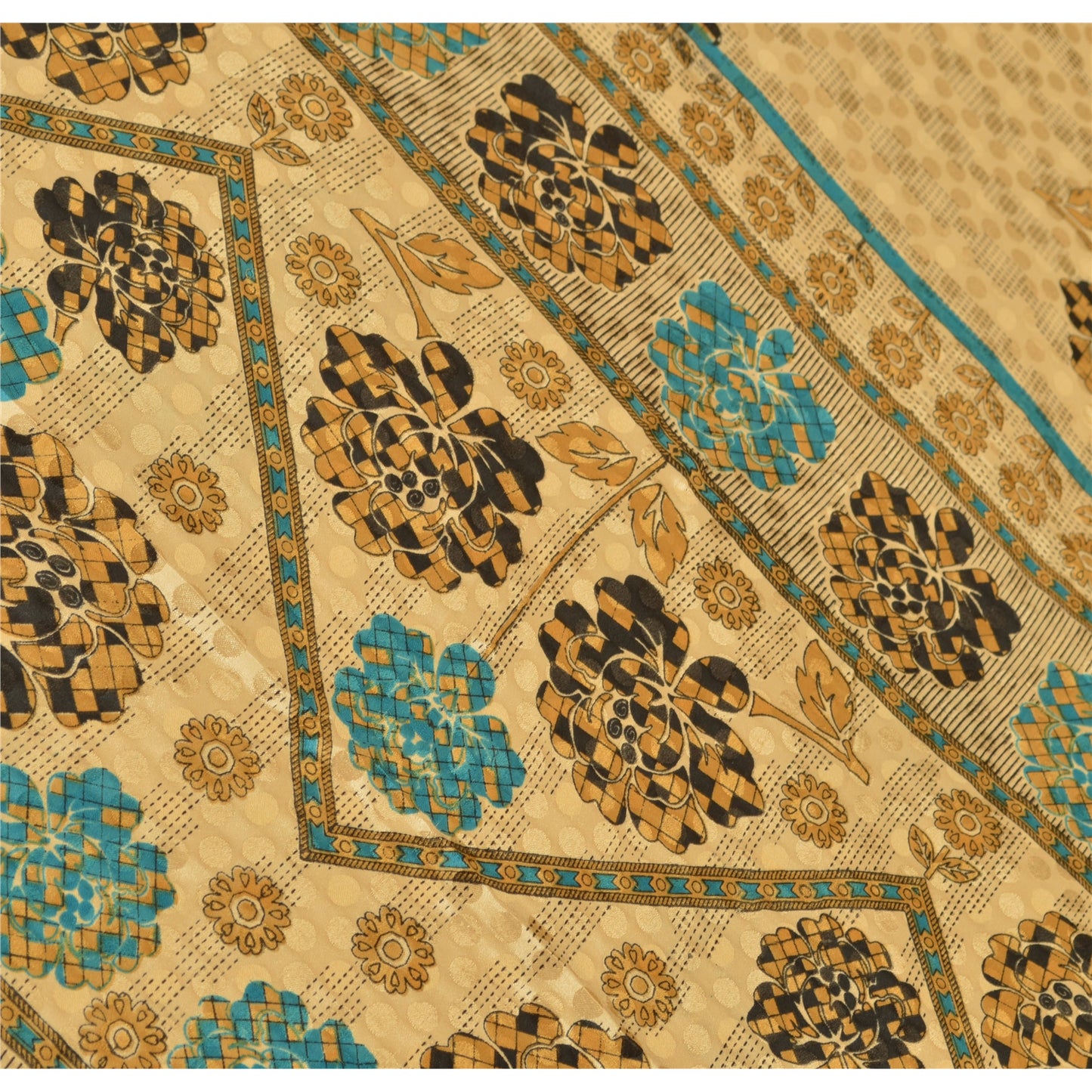 Sanskriti Vintage Indian Printed China Silk Sarees Cream Dress Sari 5 YD Fabric
