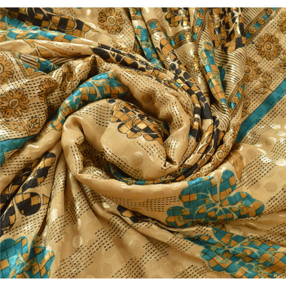 Sanskriti Vintage Indian Printed China Silk Sarees Cream Dress Sari 5 YD Fabric