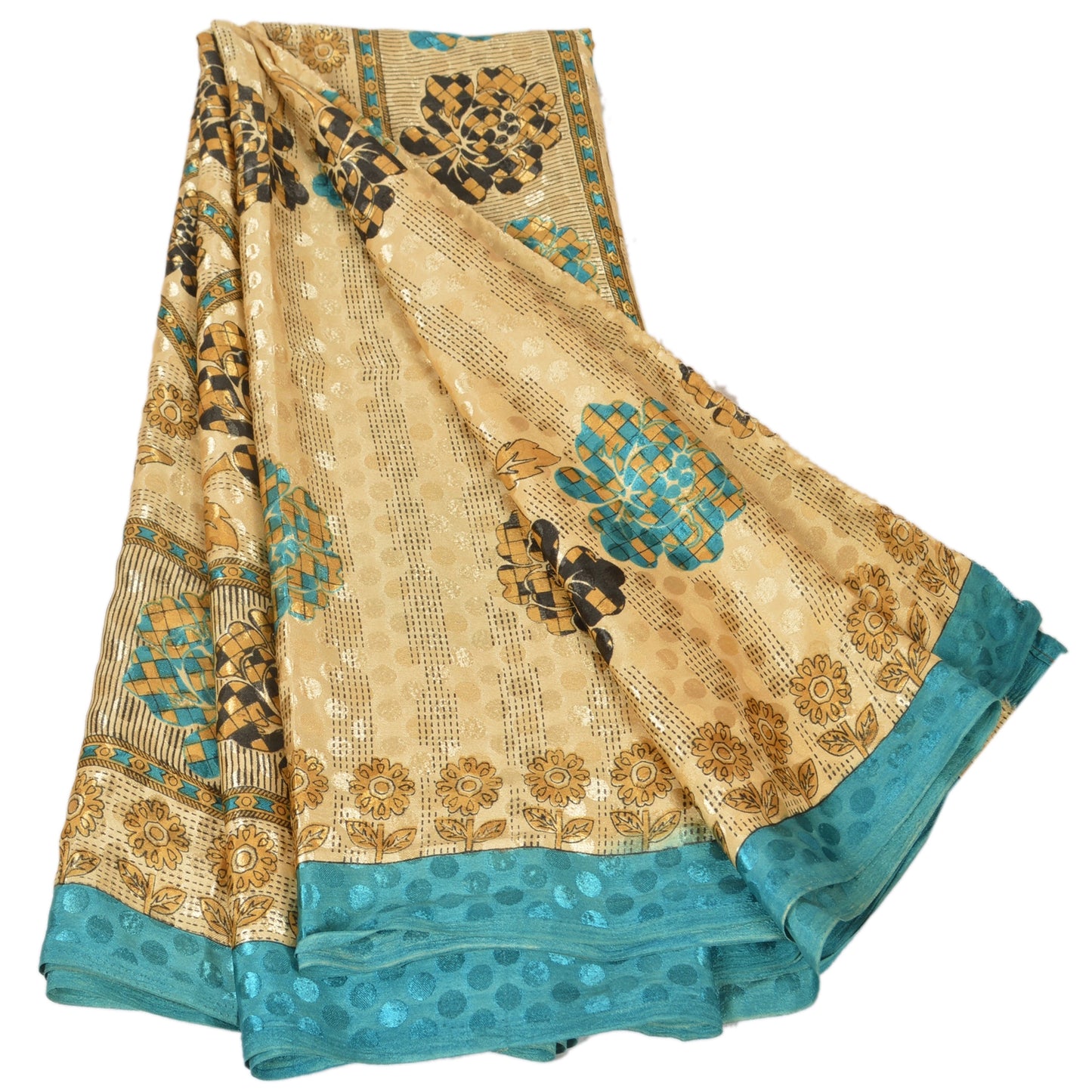Sanskriti Vintage Indian Printed China Silk Sarees Cream Dress Sari 5 YD Fabric