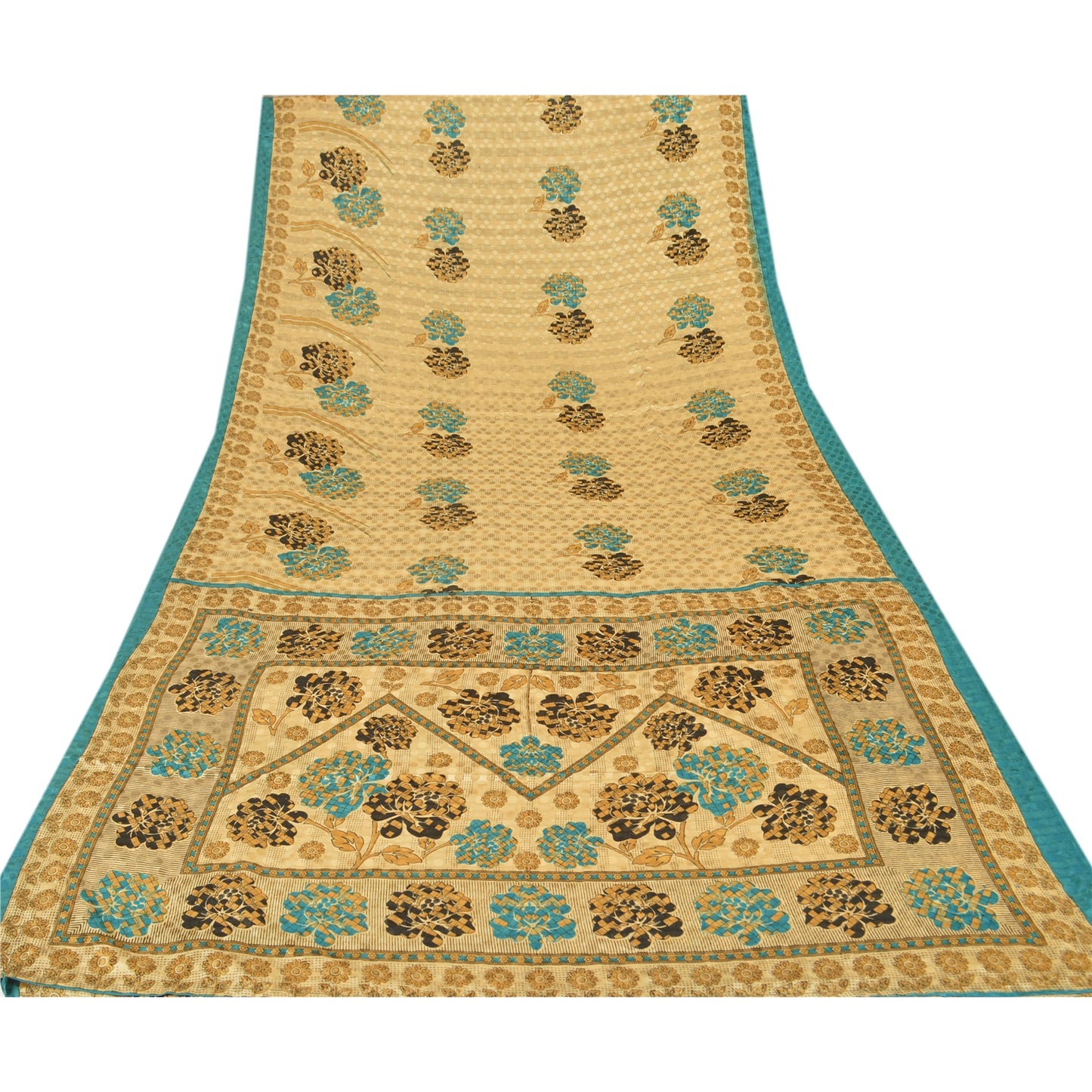 Sanskriti Vintage Indian Printed China Silk Sarees Cream Dress Sari 5 YD Fabric