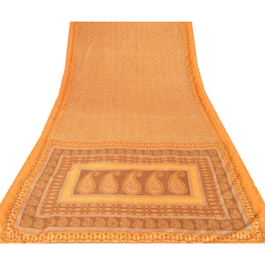 Sanskriti Vintage China Silk Sarees Orange Printed Sari Craft 5 YD Decor Fabric