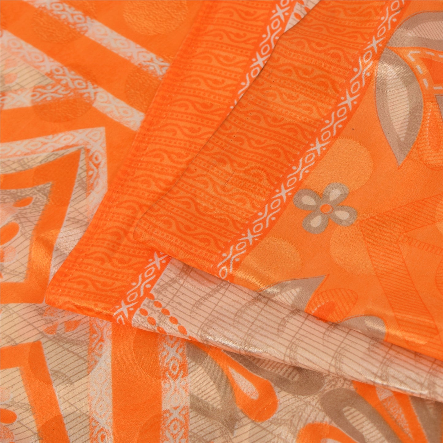 Sanskriti Vintage Printed China Silk Sarees Orange Dress Making Sari 5+yd Fabric