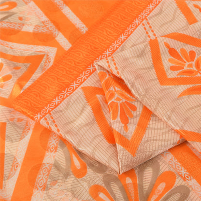 Sanskriti Vintage Printed China Silk Sarees Orange Dress Making Sari 5+yd Fabric