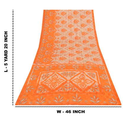 Sanskriti Vintage Printed China Silk Sarees Orange Dress Making Sari 5+yd Fabric