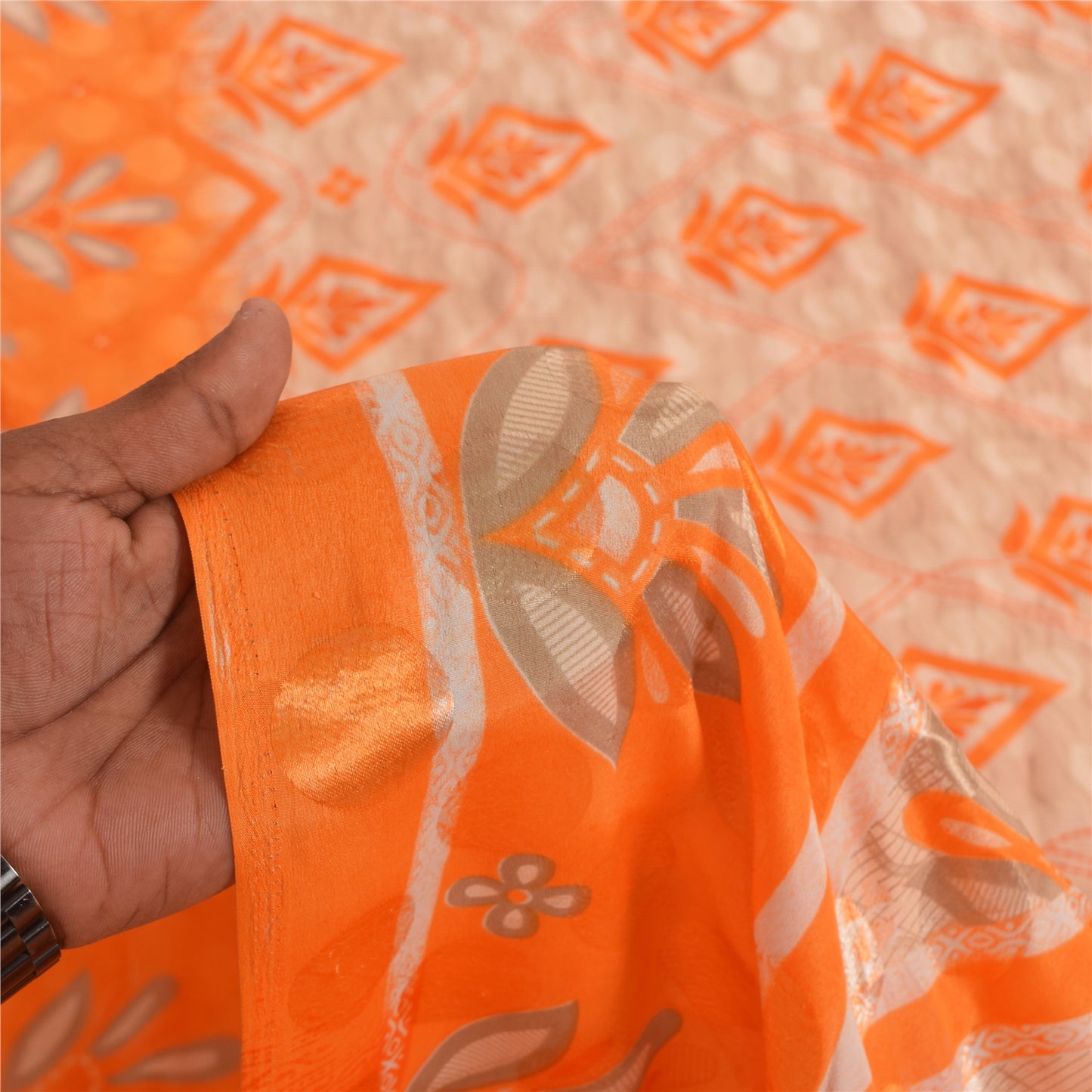 Sanskriti Vintage Printed China Silk Sarees Orange Dress Making Sari 5+yd Fabric