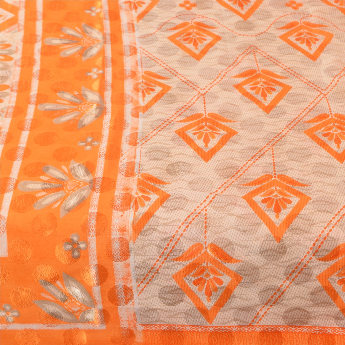 Sanskriti Vintage Printed China Silk Sarees Orange Dress Making Sari 5+yd Fabric