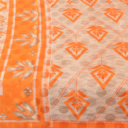 Sanskriti Vintage Printed China Silk Sarees Orange Dress Making Sari 5+yd Fabric