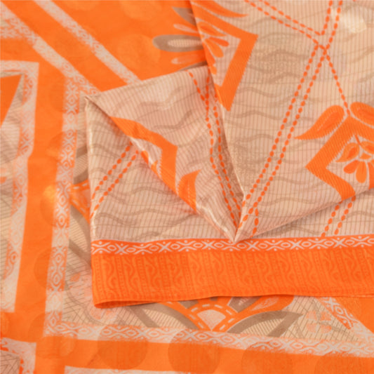 Sanskriti Vintage Printed China Silk Sarees Orange Dress Making Sari 5+yd Fabric