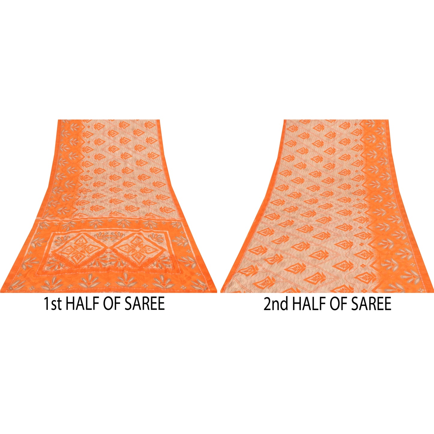 Sanskriti Vintage Printed China Silk Sarees Orange Dress Making Sari 5+yd Fabric