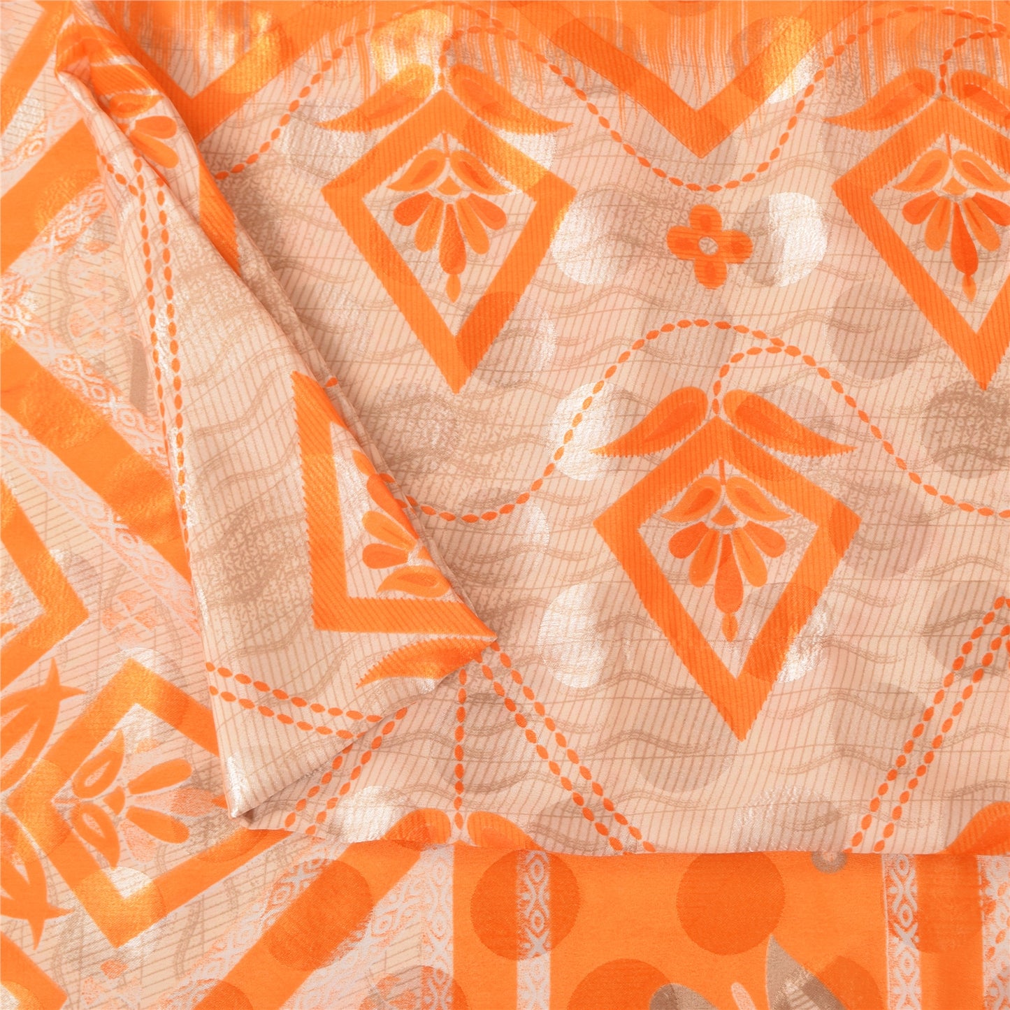 Sanskriti Vintage Printed China Silk Sarees Orange Dress Making Sari 5+yd Fabric