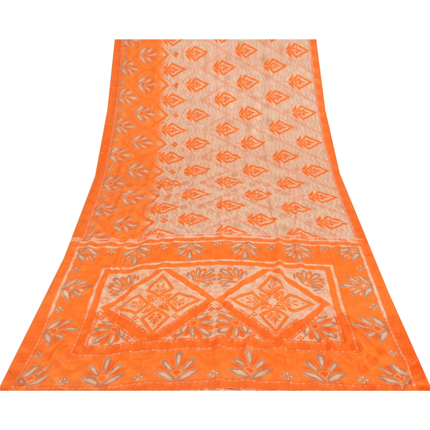 Sanskriti Vintage Printed China Silk Sarees Orange Dress Making Sari 5+yd Fabric