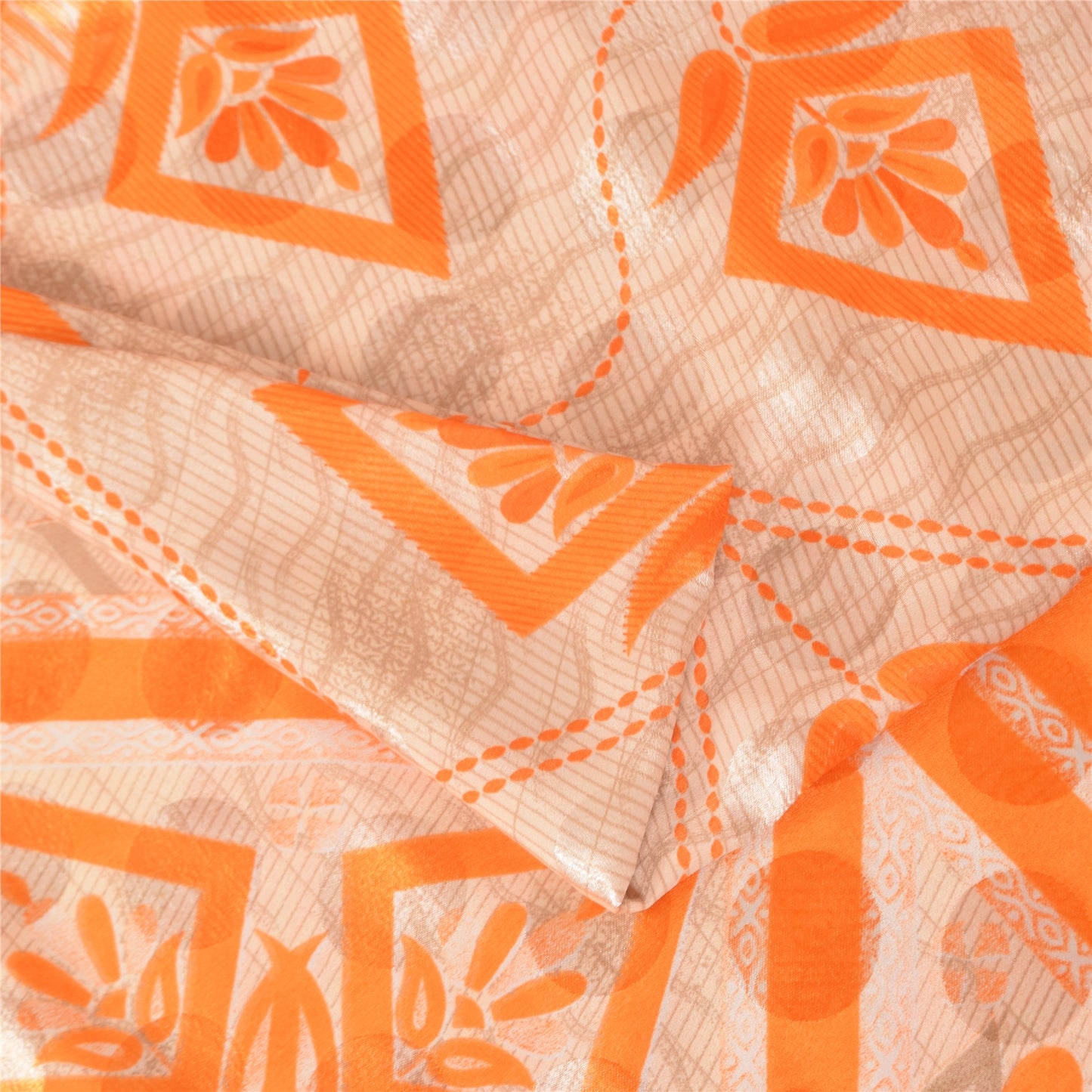 Sanskriti Vintage Printed China Silk Sarees Orange Dress Making Sari 5+yd Fabric