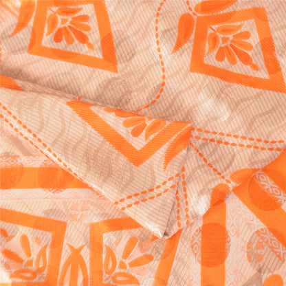 Sanskriti Vintage Printed China Silk Sarees Orange Dress Making Sari 5+yd Fabric