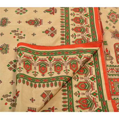 Sanskriti Vintage China Silk Sarees Cream Painted Sari Craft 5 Yard Drape Fabric