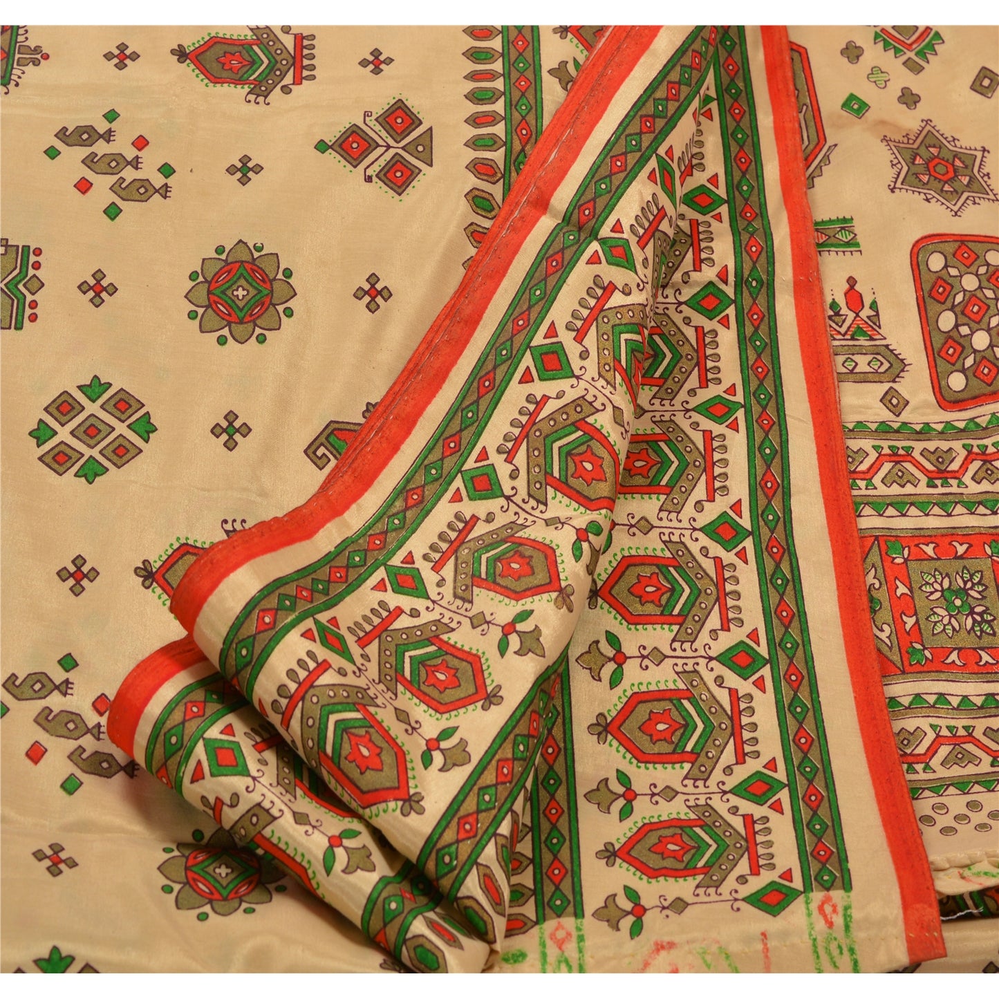 Sanskriti Vintage China Silk Sarees Cream Painted Sari Craft 5 Yard Drape Fabric