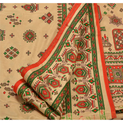 Sanskriti Vintage China Silk Sarees Cream Painted Sari Craft 5 Yard Drape Fabric
