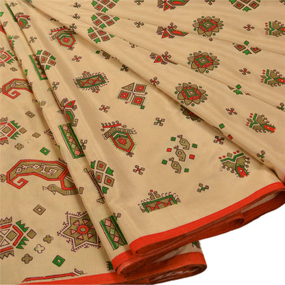 Sanskriti Vintage China Silk Sarees Cream Painted Sari Craft 5 Yard Drape Fabric