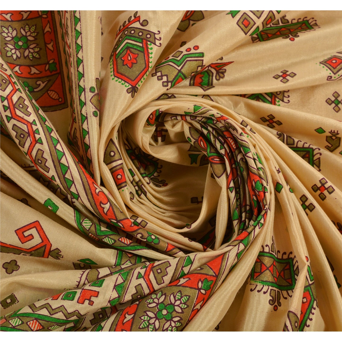 Sanskriti Vintage China Silk Sarees Cream Painted Sari Craft 5 Yard Drape Fabric