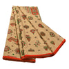 Sanskriti Vintage China Silk Sarees Cream Painted Sari Craft 5 Yard Drape Fabric