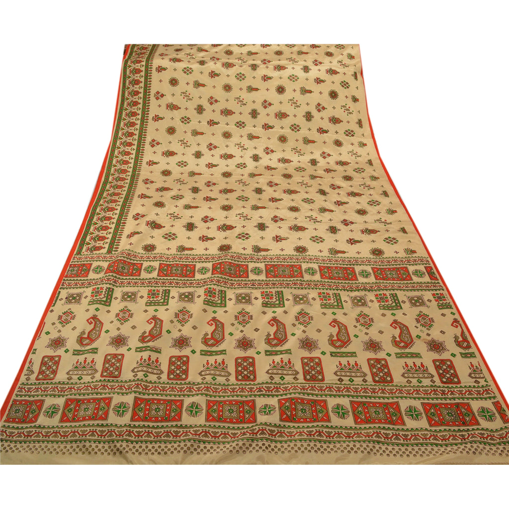 Sanskriti Vintage China Silk Sarees Cream Painted Sari Craft 5 Yard Drape Fabric