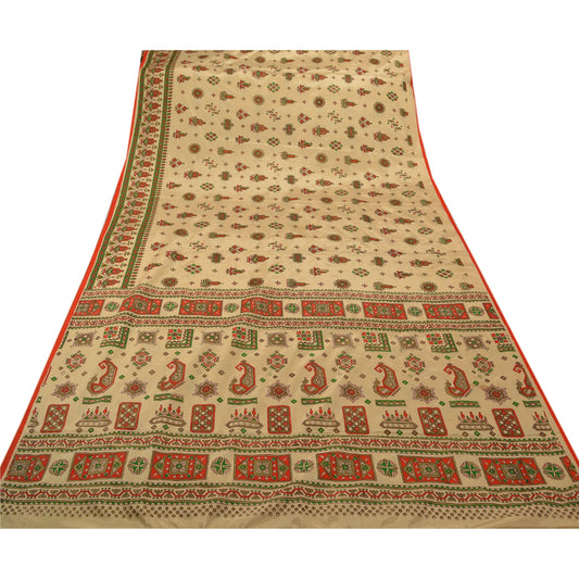 Sanskriti Vintage China Silk Sarees Cream Painted Sari Craft 5 Yard Drape Fabric