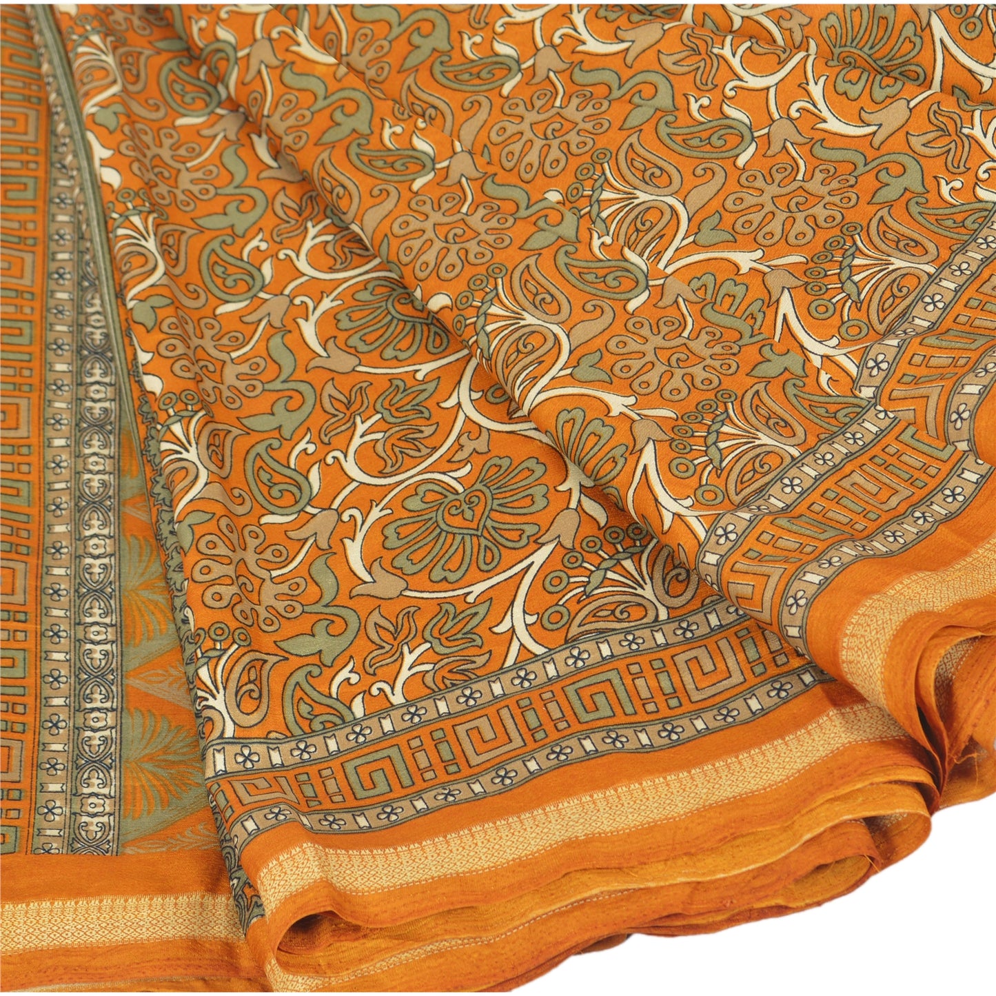 Sanskriti Vintage Printed China Silk Sarees Dark Yellow Dress Making Sari Fabric
