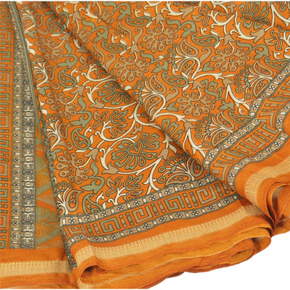 Sanskriti Vintage Printed China Silk Sarees Dark Yellow Dress Making Sari Fabric