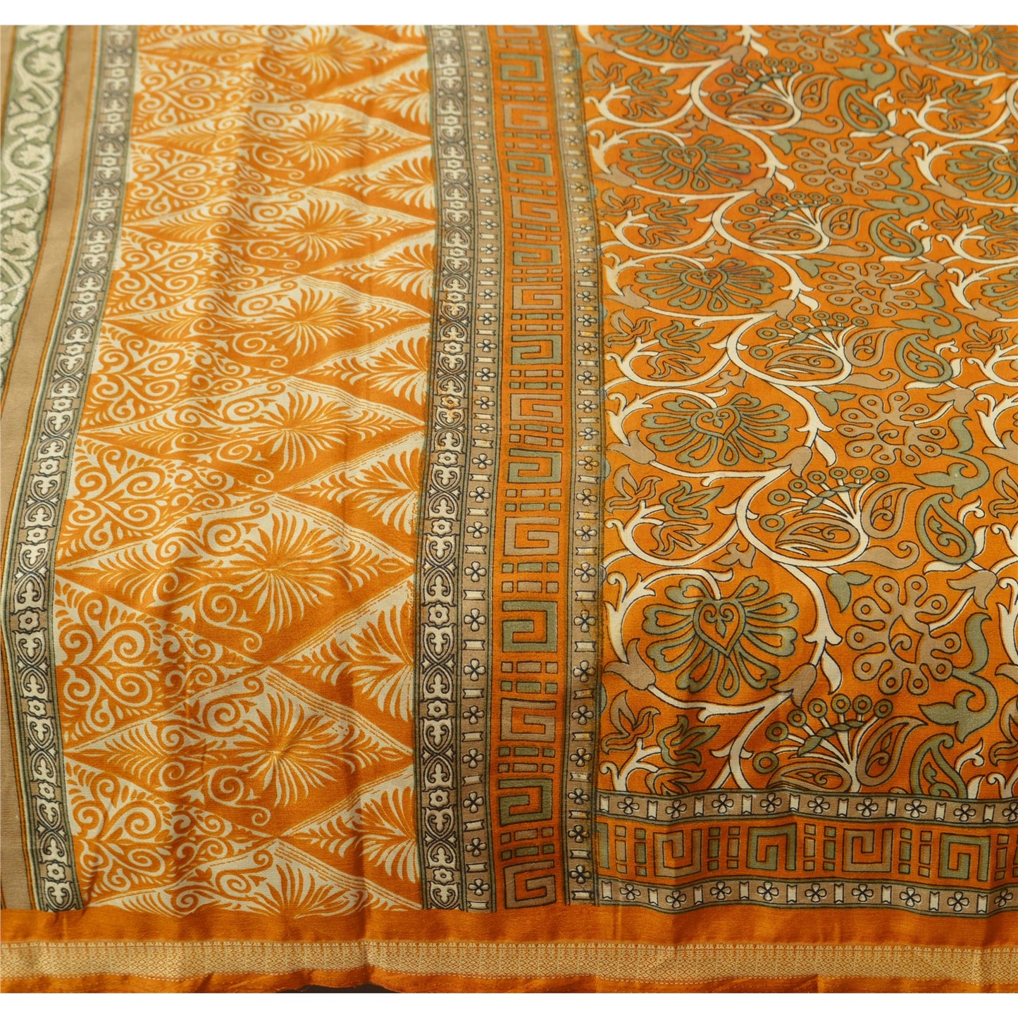 Sanskriti Vintage Printed China Silk Sarees Dark Yellow Dress Making Sari Fabric