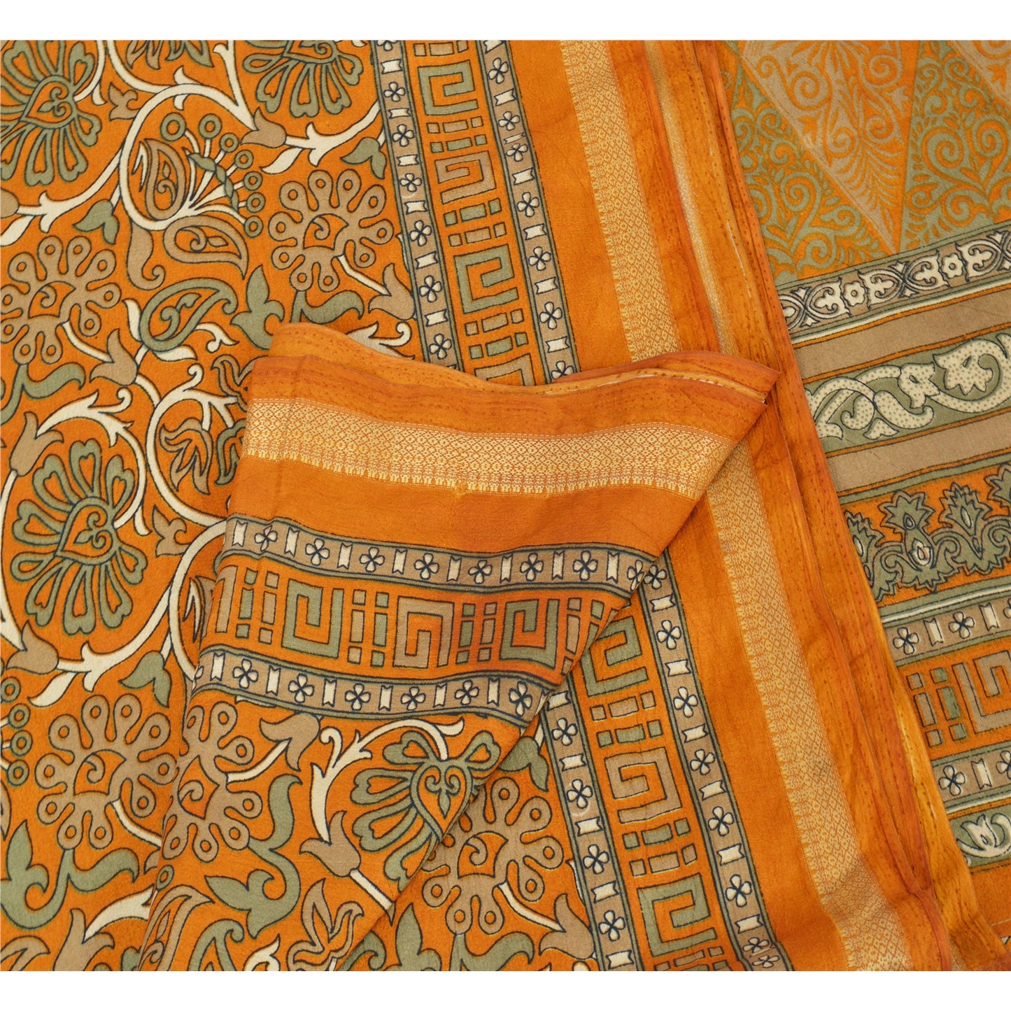 Sanskriti Vintage Printed China Silk Sarees Dark Yellow Dress Making Sari Fabric