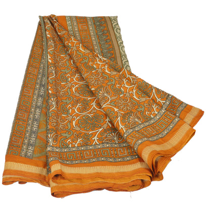 Sanskriti Vintage Printed China Silk Sarees Dark Yellow Dress Making Sari Fabric