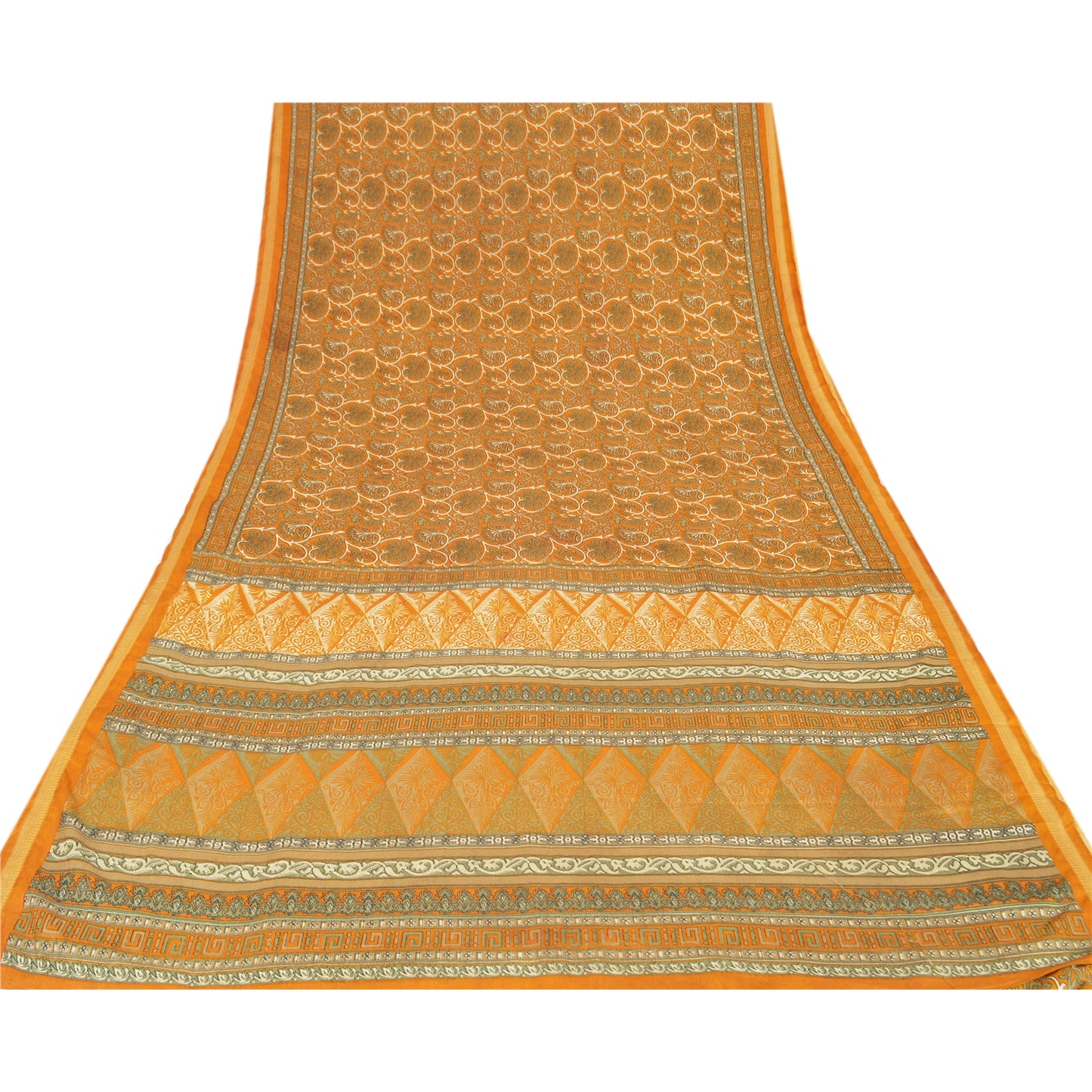 Sanskriti Vintage Printed China Silk Sarees Dark Yellow Dress Making Sari Fabric