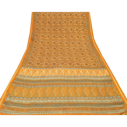 Sanskriti Vintage Printed China Silk Sarees Dark Yellow Dress Making Sari Fabric