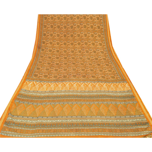 Sanskriti Vintage Printed China Silk Sarees Dark Yellow Dress Making Sari Fabric