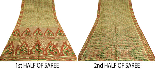 Sanskriti Vintage 100% Pure Silk Sarees Animal Human Printed Sari Craft Sustainable Fabric