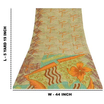 Sanskriti Vintage Art Silk Sarees Cream Printed Sari 5 Yd Floral Craft Fabric