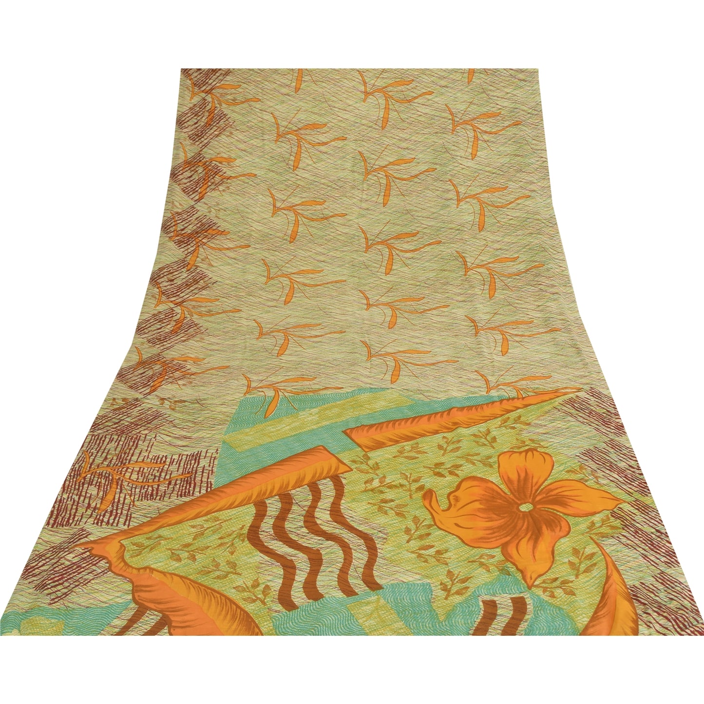 Sanskriti Vintage Art Silk Sarees Cream Printed Sari 5 Yd Floral Craft Fabric