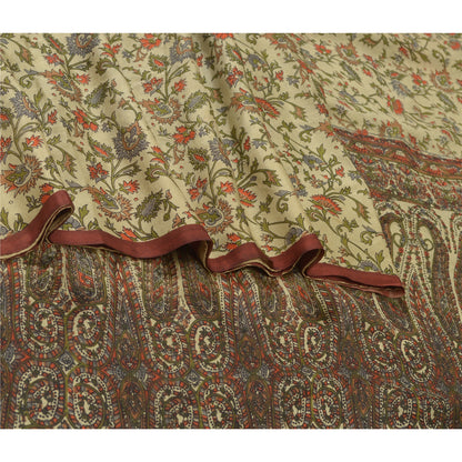 Sanskriti Vintage Saree 100% Pure Silk Cream Printed Sari Soft Craft 6+yd Fabric