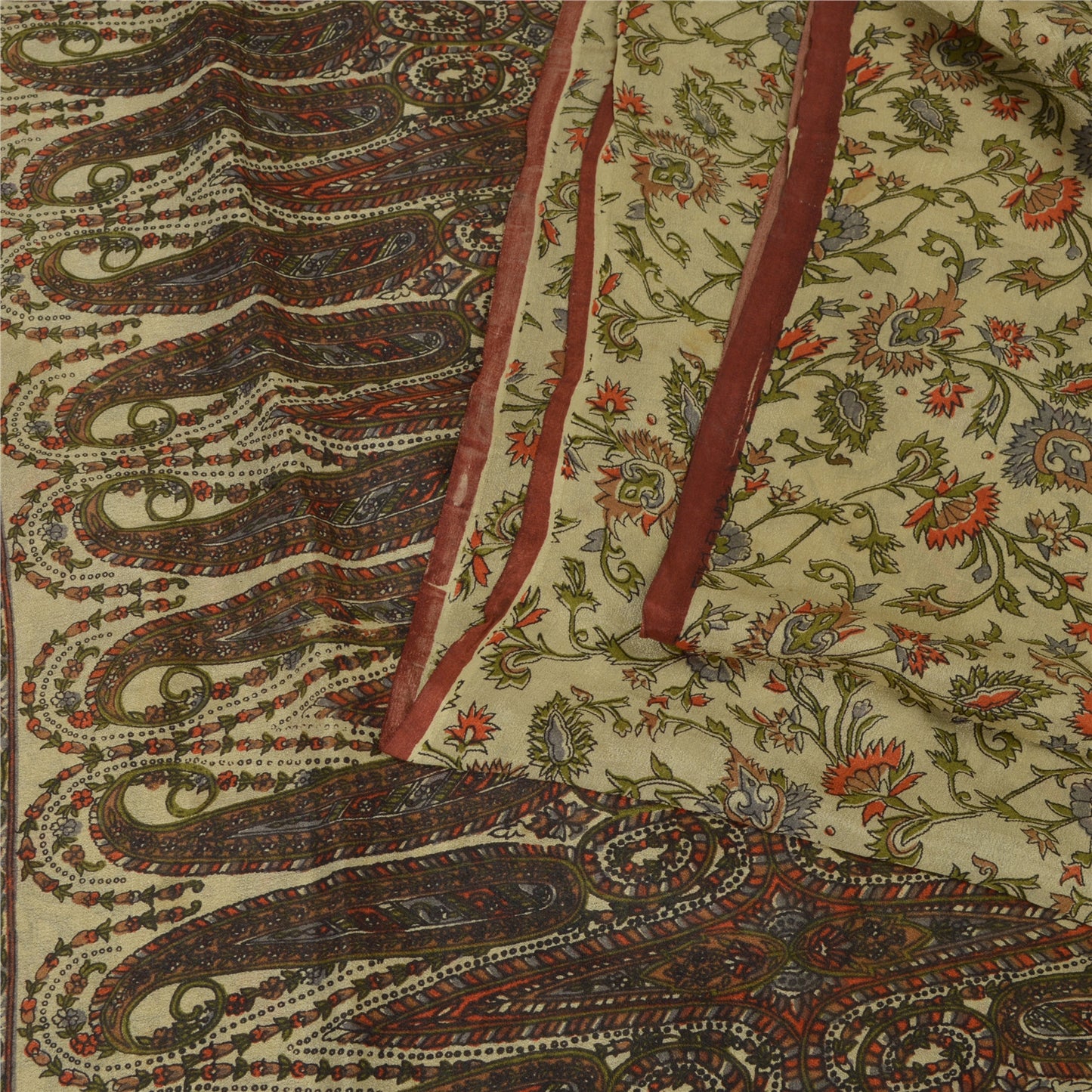 Sanskriti Vintage Saree 100% Pure Silk Cream Printed Sari Soft Craft 6+yd Fabric