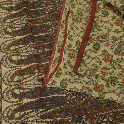 Sanskriti Vintage Saree 100% Pure Silk Cream Printed Sari Soft Craft 6+yd Fabric
