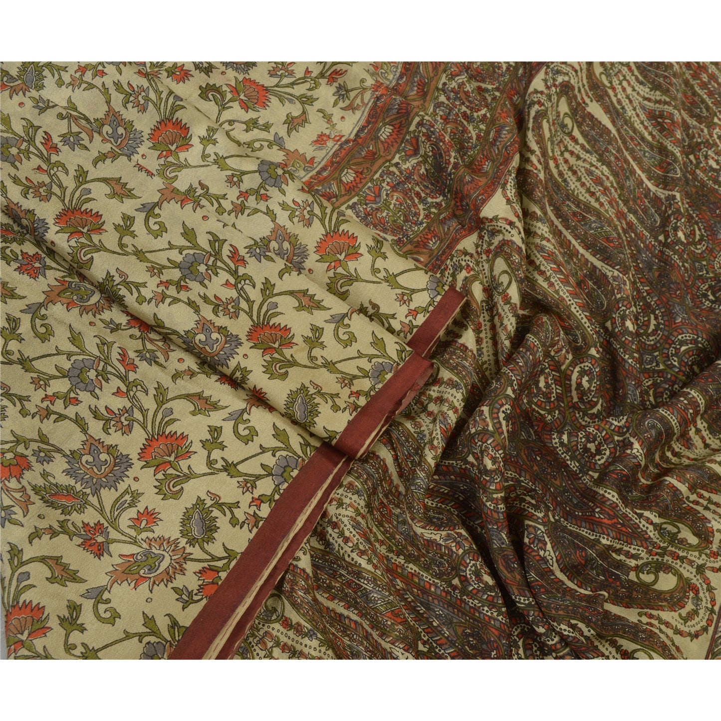 Sanskriti Vintage Saree 100% Pure Silk Cream Printed Sari Soft Craft 6+yd Fabric