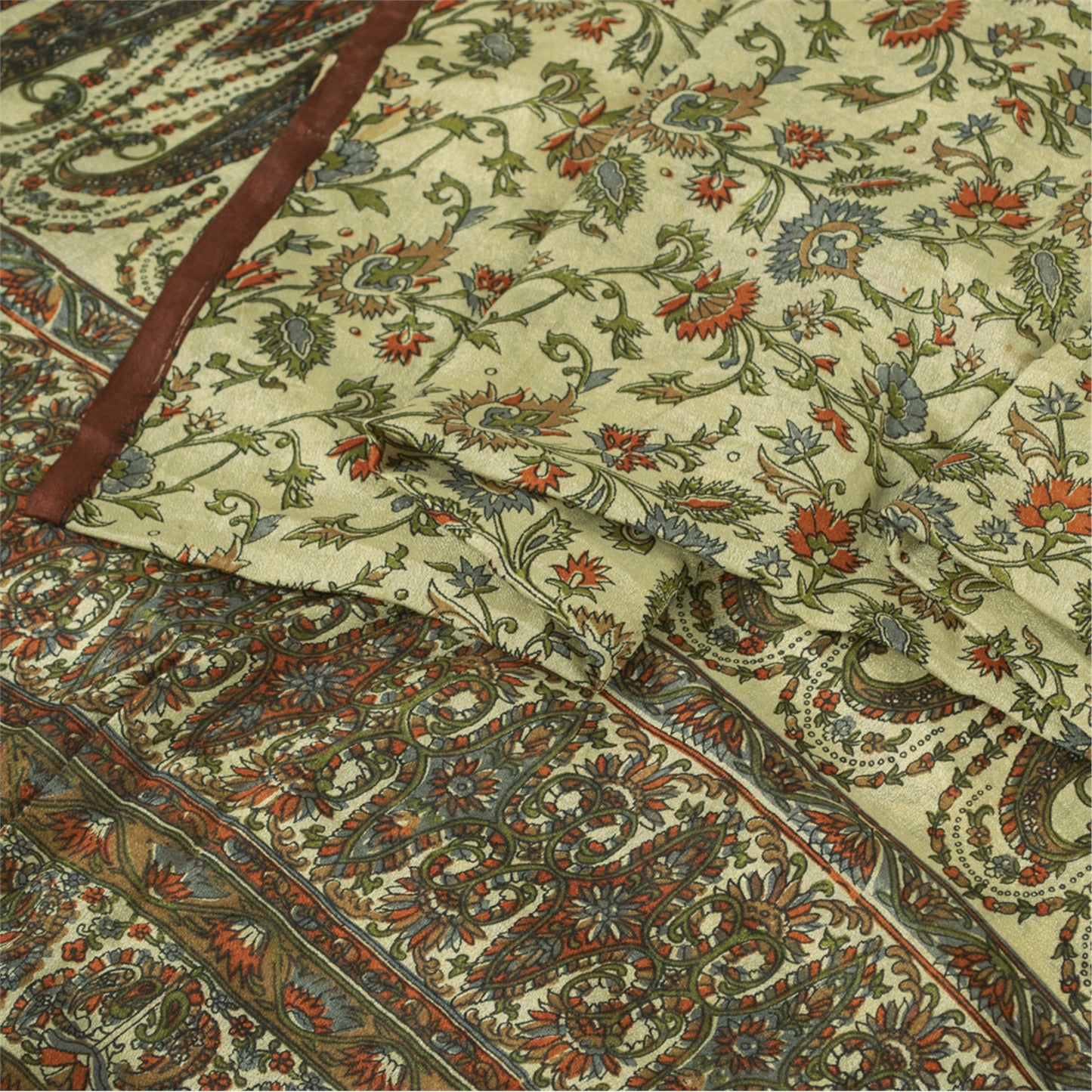 Sanskriti Vintage Saree 100% Pure Silk Cream Printed Sari Soft Craft 6+yd Fabric