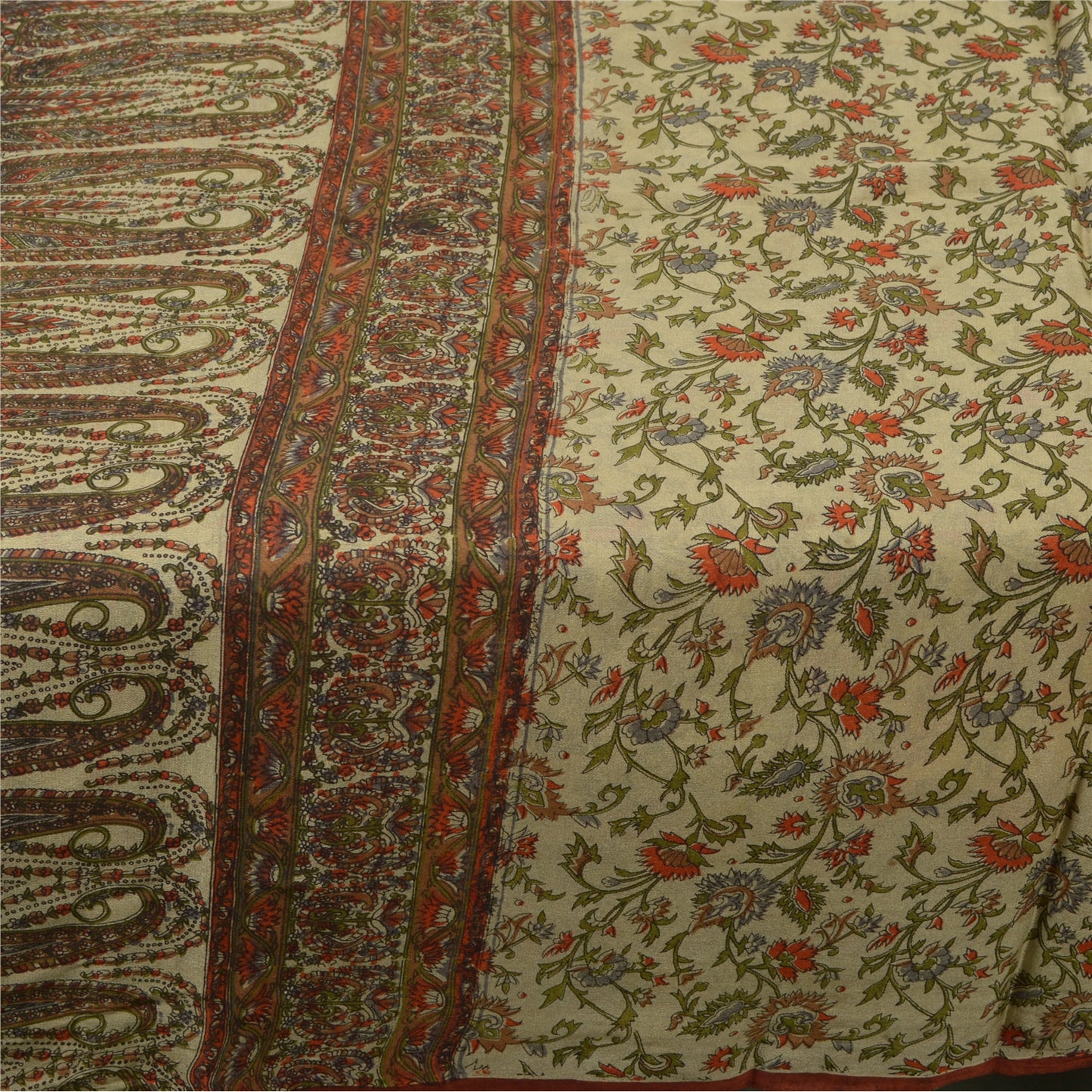 Sanskriti Vintage Saree 100% Pure Silk Cream Printed Sari Soft Craft 6+yd Fabric