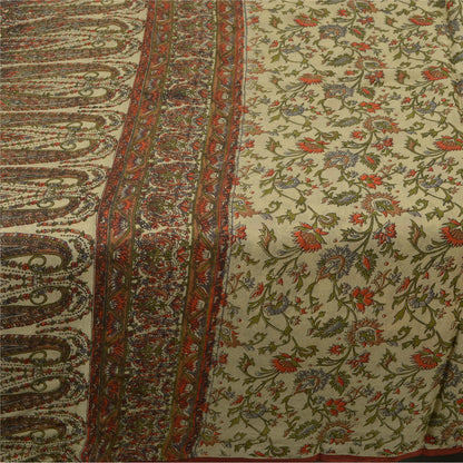 Sanskriti Vintage Saree 100% Pure Silk Cream Printed Sari Soft Craft 6+yd Fabric