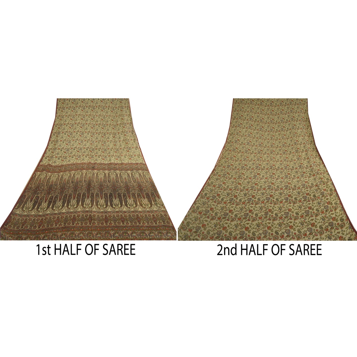 Sanskriti Vintage Saree 100% Pure Silk Cream Printed Sari Soft Craft 6+yd Fabric