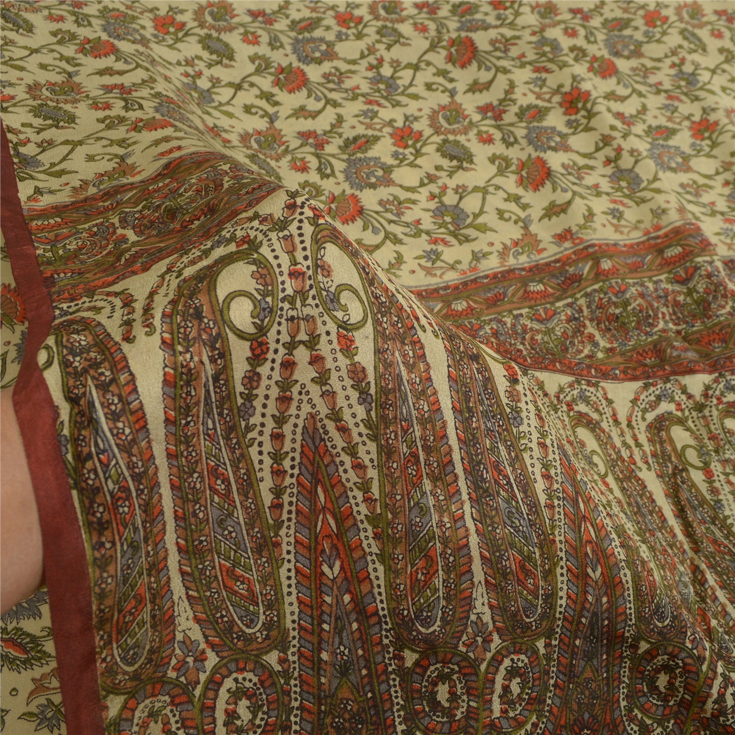 Sanskriti Vintage Saree 100% Pure Silk Cream Printed Sari Soft Craft 6+yd Fabric