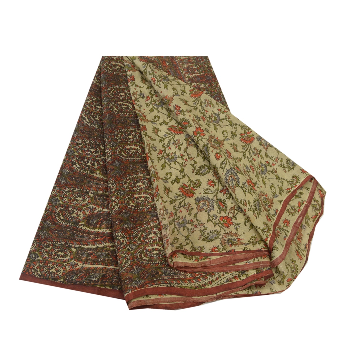 Sanskriti Vintage Saree 100% Pure Silk Cream Printed Sari Soft Craft 6+yd Fabric