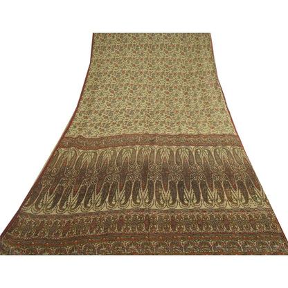 Sanskriti Vintage Saree 100% Pure Silk Cream Printed Sari Soft Craft 6+yd Fabric