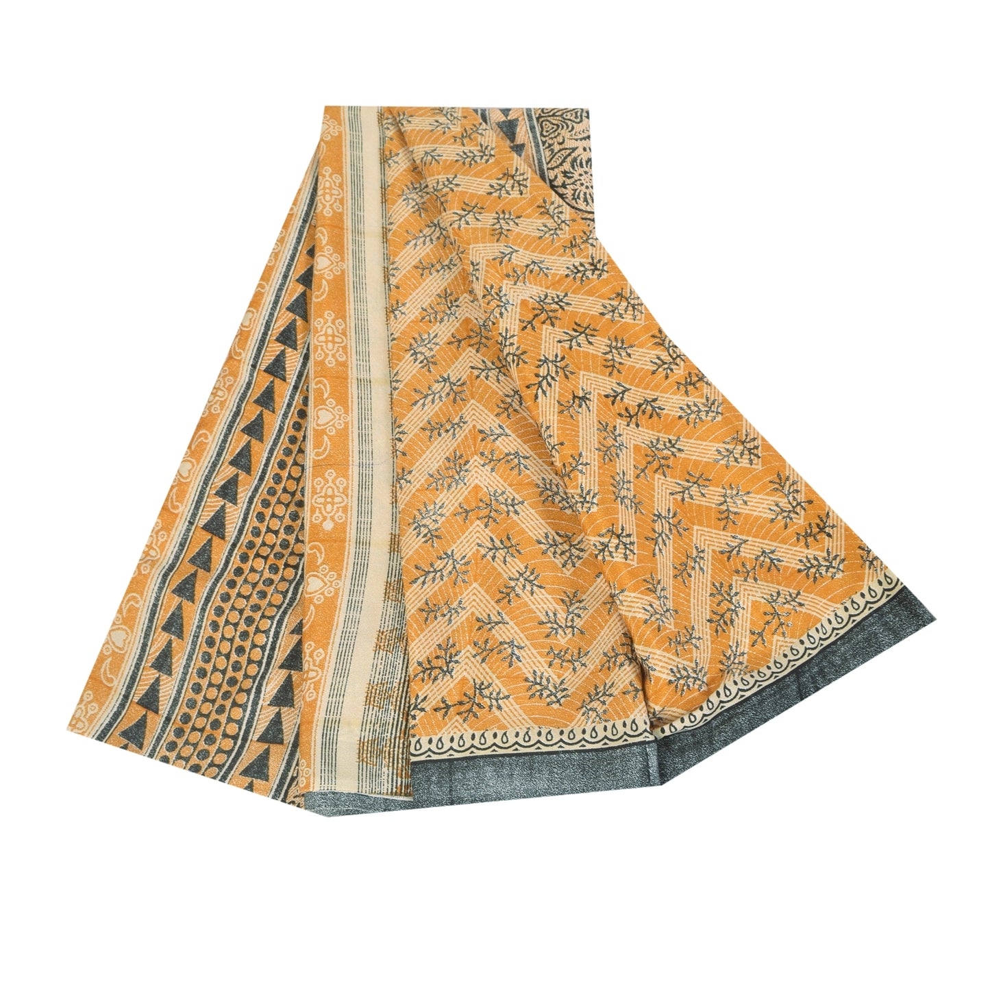 Sanskriti Vintage Art Silk Indian Sarees Yellow Printed Sari Craft 5 YD Fabric
